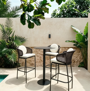 Modern Hollow Grid Woven Rattan Chair Round Single Pedestal High <b>Table</b> Patio <b>Bar</b> Furniture - Product Image 1