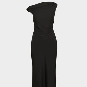 Robe longue décontractée noire élégante en satin uni, à épaules dénudées, avec tissu modal et décoration en cristal pour femme - Product Image 1