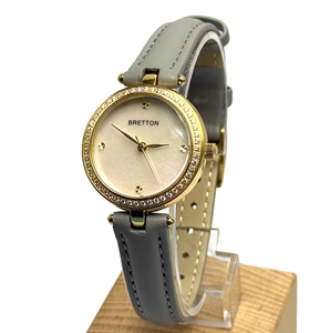 Montre-bracelet élégante pour femme, fine et ronde, avec lunette pavée de cristaux dorés, cadran en nacre, bracelet en cuir véritable, étanche - Product Image 3
