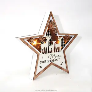 LED Wooden Merry Christmas Night Light Star ShapeChristmas Table Desk Decor Xmas Ornaments Gifts for Kids Children Friends