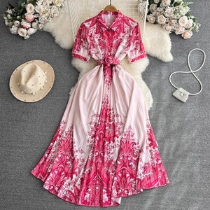 Abito lungo da donna elegante a maniche corte con risvolto, cintura in vita, monopetto, stampato, plissettato, linea ad A, ampia gonna, casual, per tutti i giorni e feste - Product Image 5