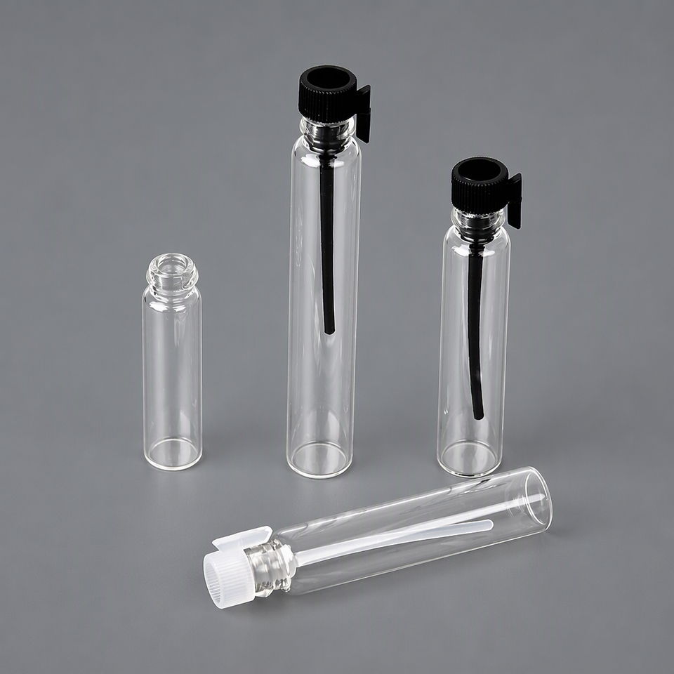 Cylindrical Perfume Essential Oil Sample Vials Small Transparent Glass ...