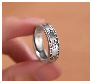 Anillo de plata de ley 999 para hombre y mujer, sortija de Sutra con seis personajes bañados en plata, Estilo Vintage, para parejas, joyería budista - Product Image 4