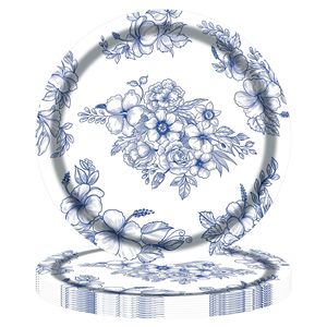 Platos de papel florales azules y blancos, redondos, desechables, para el juego de vajilla de fiesta del Año Nuevo Chino, respetuosos con el medio ambiente - Product Image 1