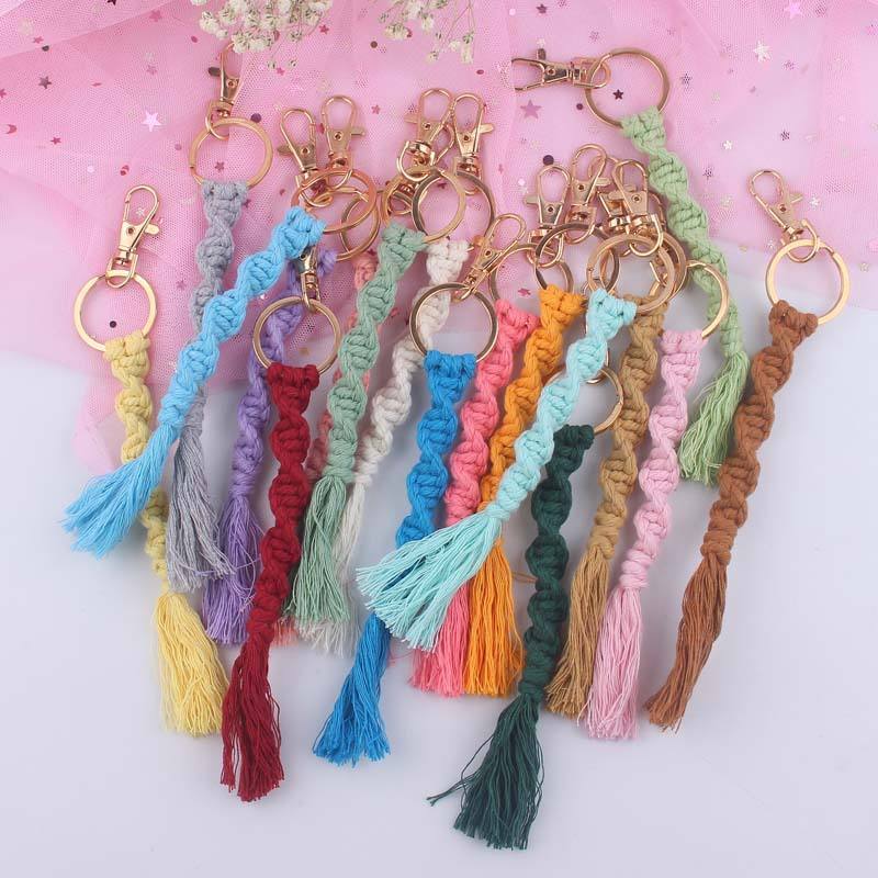 Rope Braided Macrame Keychain Handmade Cotton Mini Small Tassel Pendant  Keychain Women Charm Bag Accessories Bohemian Key Chains