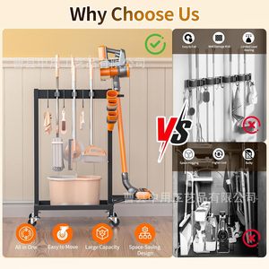 Mobile Wheeled Mop Storage <b>Rack</b> With Hooks And <b>Shelf</b> For Garage Cleaning Tools Powder Coated Finish - Product Image 3