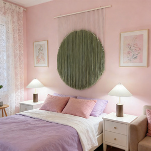 <span class=keywords><strong>Tapisserie</strong></span> murale minimaliste en macramé, cercle rond, franges vert olive, pour hôtels et chambres d'hôtes - Product Image 3