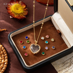 <b>Heart</b> <b>Locket</b> Crystal Rhinestone Necklace | 18K Gold Plated Brass Pendant Necklace Interchangeable CZ Charms Beads for Women - Product Image 6
