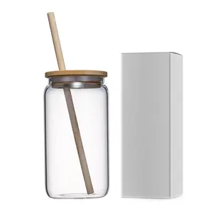 Asy to clean Juice bottle taza de café de vidrio de borosilicato de boca grande con pajita y tapa de Bambú
