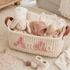 Organizador de Juguetes para Bebés con Nombre Personalizado, Estilo Bohemio, Plegable, Material de Pana Gruesa, Asas de Cuero, Regalo para Ropa de Bebé y Libros - Product Image 5