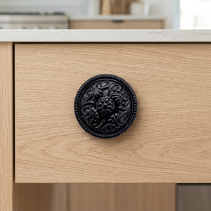 Classic Round Cast Iron <b>Drawer</b> Knob With Floral Carved Design For Cabinet Door Mounting Easy Installation Type Hardware For Home - Product Image 1