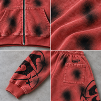 Ensemble survêtement homme vintage délavé à l'acide avec sweat à capuche zippé et short, imprimé graphique oversize, streetwear, 2 pièces, short long 3/4