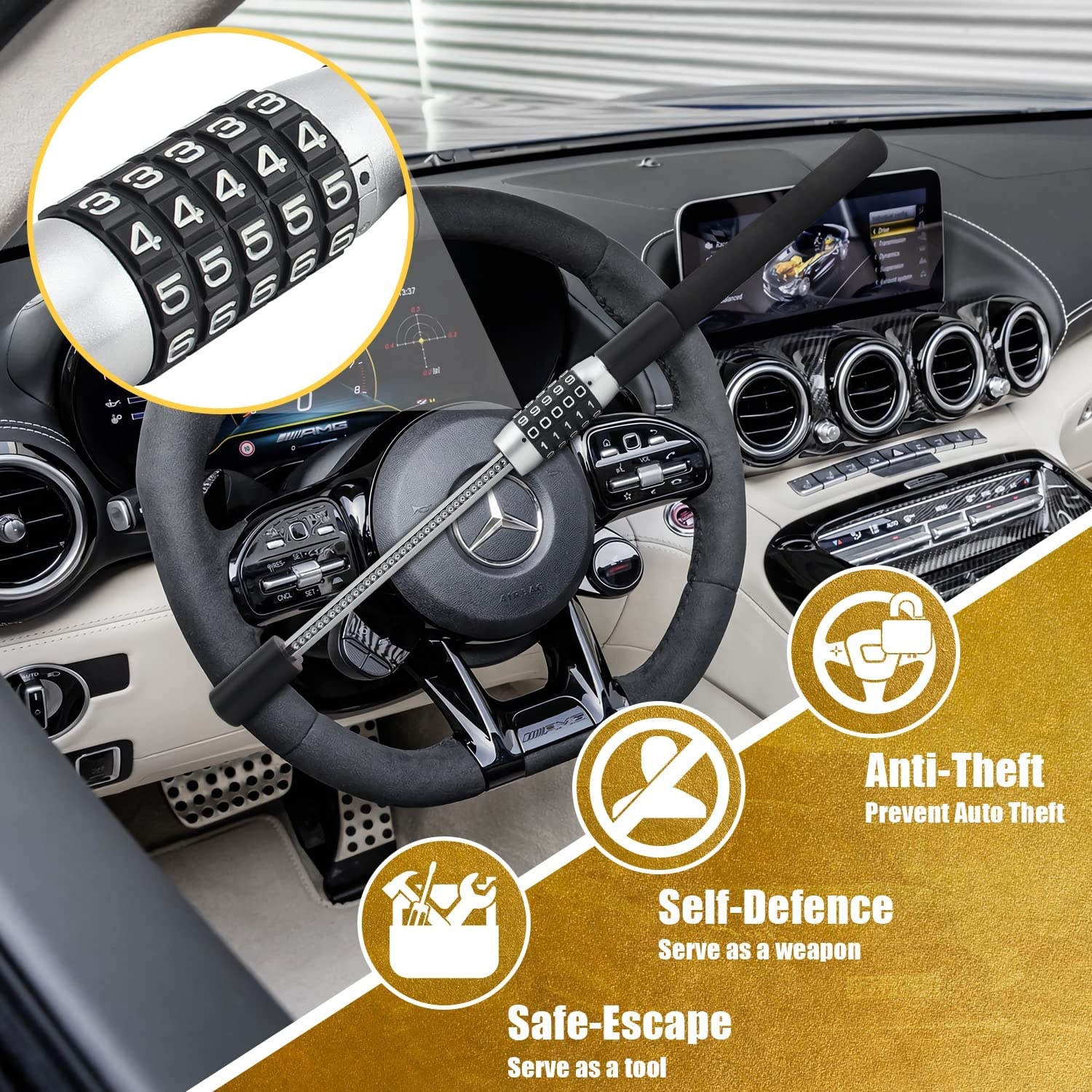 Umedo 5 Code Combination Anti Theft Steering Wheel Lock - Heavy Duty Security for Auto Truck SUV