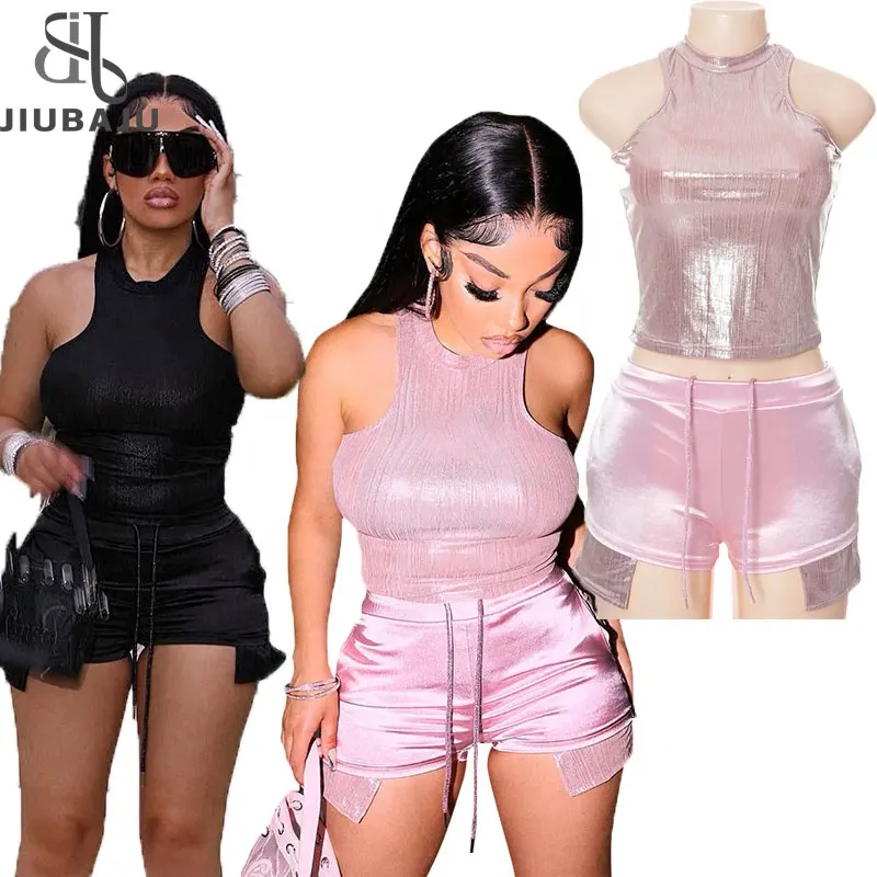 New Women Shine Party Club Tank Tops Shorts Pants Two Piece Sets Outfits 2023 Summer Clothing