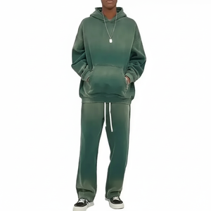 Survêtements vintage en polaire délavée à l'acide pour hommes, ensemble de pantalons de survêtement à capuche 2 pièces, grande taille, coton, hiver - Product Image 1