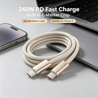 Câble USB-C tressé en nylon 240W à charge ultra-rapide, cordon de données durable Type-C vers Type-C pour iPhone 15 16 17