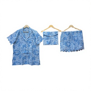Digital <b>Printed</b> 100% Cotton Indian Handmade Vintage Short Sleeve High Rise 3-Piece Pajama Set for Women Summer Autumn - Product Image 1