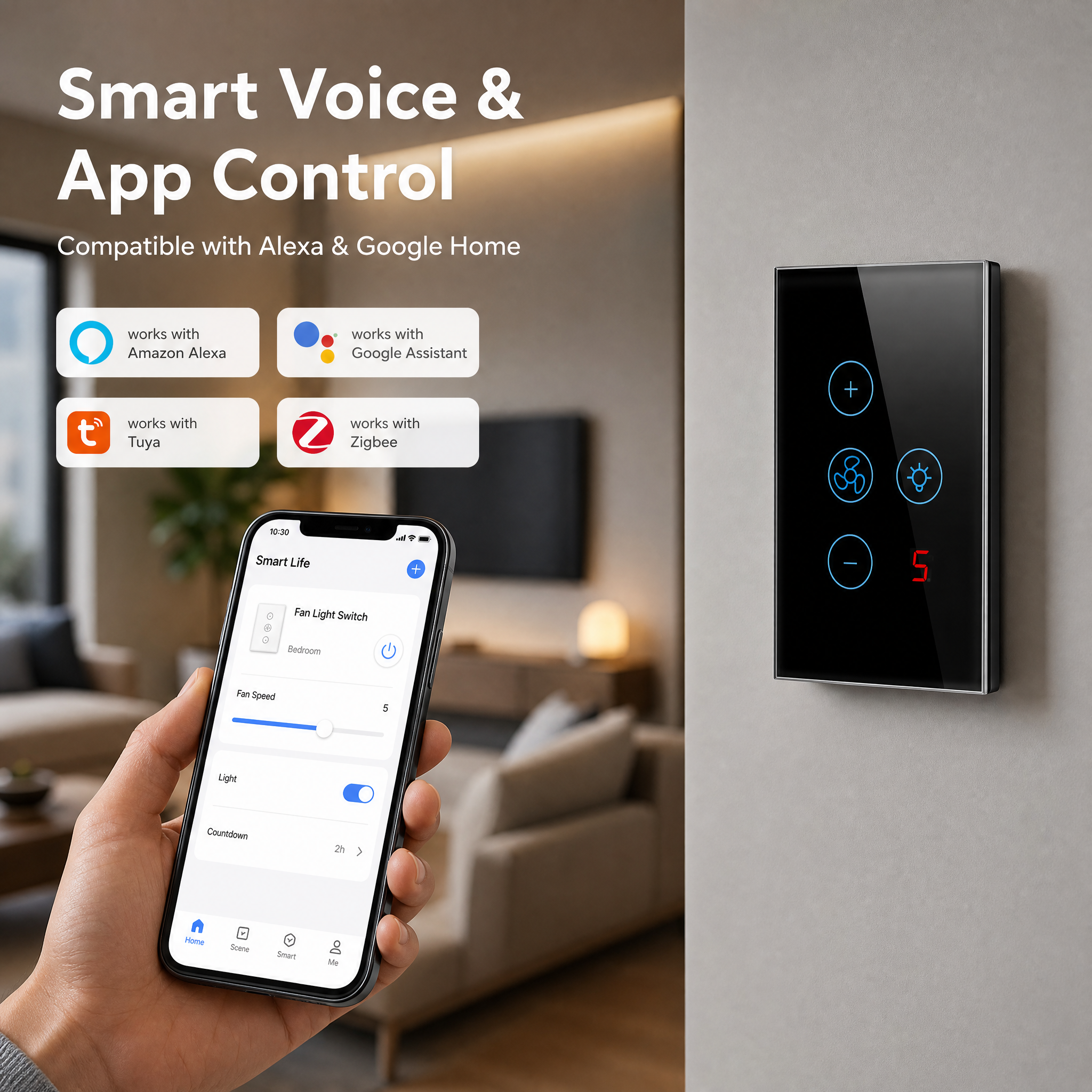 WiFi/Zigbee Smart Fan Light Switch Surge Protection PC for Home Modern Touch US Wall Switch with Voice APP Remote Control Timer · image 1