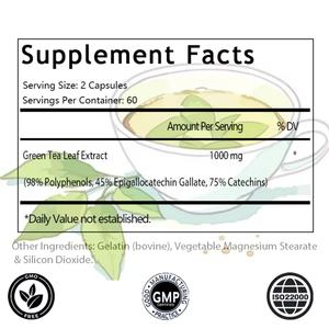 Capsules d'extrait de thé vert EGCG avec polyphénols, catechines et EGCG - 500 mg par capsule - Non-OGM - Product Image 2
