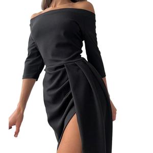 Robe de soirée sexy pour femme, design créatif OEM personnalisé, col asymétrique, manches longues, taille fendue, couleur unie, tendance - Product Image 1