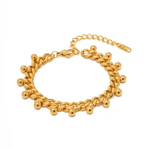 INS 18K Gold Plated Plated Stainless Steel Jewelry Width Cuban Chain Bead Tassel Bracelet for Women