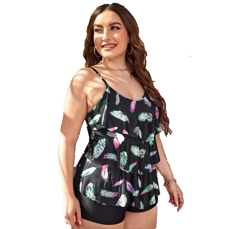 Two Piece Women Plus Size Tankini Tops Shorts Ladies Swimwear Floral Print Ruffle Bikini Swimsuits