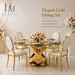 ชุดโต๊ะรับประทานอาหารทรงกลมสีทองหรูหรา DM EVENT พร้อมท็อปกระจกนิรภัยและโครงสแตนเลสสำหรับงานแต่งงานและงานเลี้ยง - Product Image 1