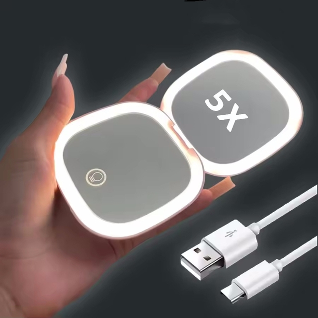 2 Face Sides Led 3 Colors Touch Compact Mini Foldable Cosmetic Charge Makeup Mirror With Light 5X Magnifying Small Pocket Travel
