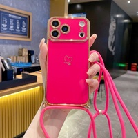 Étui à sangle pour iPhone 17 Pro Max, avec cordon, compatible 16 14 13 15 Plus, protection d'objectif plaqué, antichoc, souple, avec lanière bandoulière et motif cœur