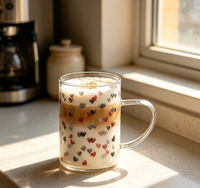 Mug en verre borosilicate à imprimé cœur rouge et gris, résistant à la chaleur, tasse à café ou à thé transparente avec poignée pour la maison, le bureau, le café, la vaisselle de table