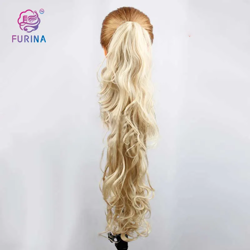 Furina 31 inç uzun dalgalı sentetik sarışın pençe ponytails saç ekleme beyaz kadınlar için