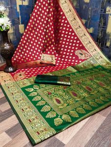 Marron Silk Saree With Green Border And Embroidery Design Saree with <b>Blouse</b> Material For Wedding And Festival Wear - Product Image 4