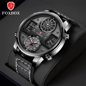 Foxbox fb0013 giá thấp Gents đồng hồ kỹ thuật số da ban nhạc chống nước 2 mặt số cũ đôi hiển thị giải trí thiết kế đồng hồ