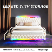 Cadre de lit LED multifonctionnel moderne avec enceintes Bluetooth, 4 grands tiroirs de rangement, station de charge USB Type C, lattes en bois de pin