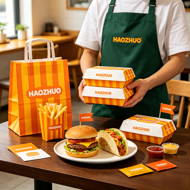 Custom Takeaway Burger Box French Fry Holder Coffee Cup Chicken Box Paper Bag Supplies for Food Trucks Fast Food Packaging Set