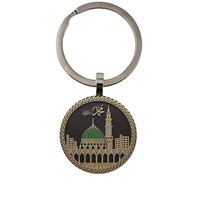 Porte-clés en métal plat 2D en gros, motif Mosquée du Prophète de Médine, anneau de clé rond islamique saoudien, souvenir touristique, cadeau