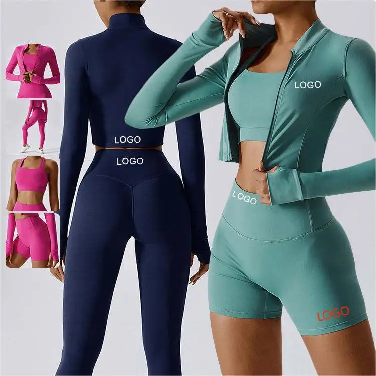 Custom Ropa Fitness Activewear Set Women Gym Clothes Kit Sweat Suit Butt Lift Women Long Sleeve 4 Piece Yoga Sets