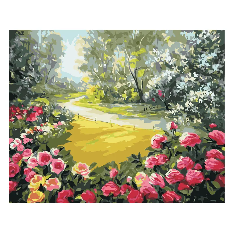 数字で油絵ペイント道路の横にある木と花写真キャンバスアートウォールアート装飾絵画キャンバス