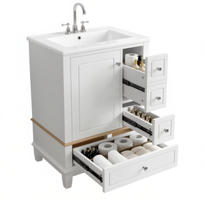 Mueble de Baño Moderno de 24 Pulgadas con Base de Madera MDF, Lavabo de Cerámica Independiente Blanco y Cajones de Almacenamiento - Product Image 1