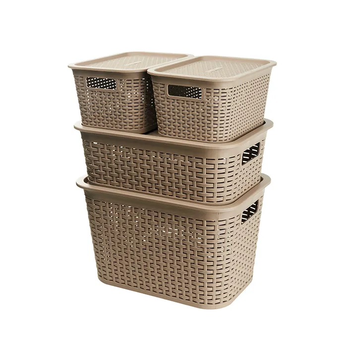 pp rattan plastic home woven storage basket with lid and handle