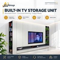 Meuble TV intégré blanc avec portes à panneaux plats, colonnes à double étagère ouvrables et base à tiroirs, idéal pour salon moderne – Vente directe usine