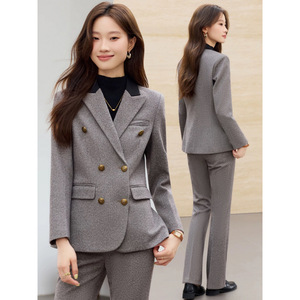 Women's Grey Wool Suit Set Double-Breasted Slim Fit Business Casual Workwear Office Lady Full Sleeve Anti-Wrinkle - Product Image 2