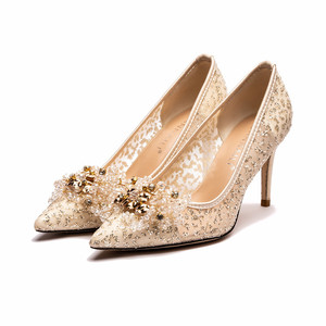 Robe de soirée élégante de style français en dentelle et strass respirante pour l'été et l'automne, couleur champagne, avec perles, maille et paillettes, et talons hauts - Product Image 1