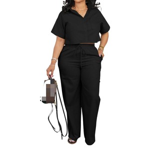 Women's Short Sleeve Shirt Long <b>Pants</b> Linen Casual Summer 2 Piece Set Fashion - Product Image 2