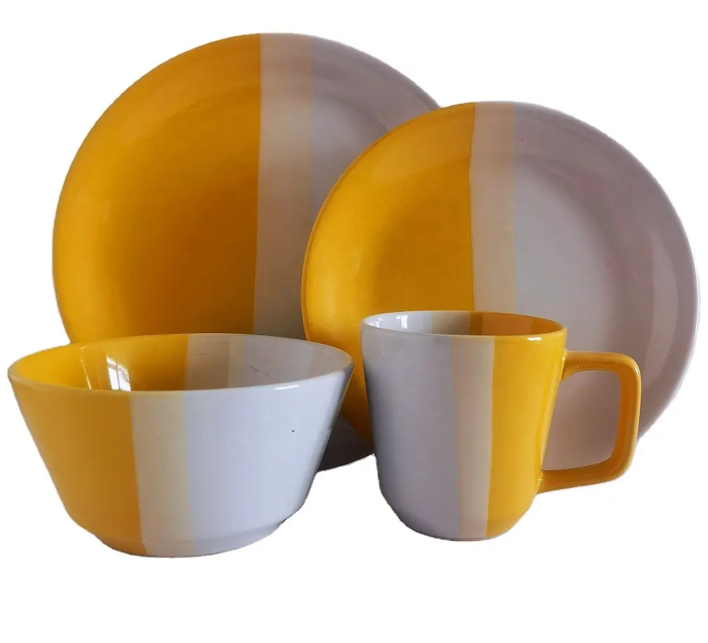 12pcs/16pcs stoneware two tone spliced yellow dinnerware set service for 4