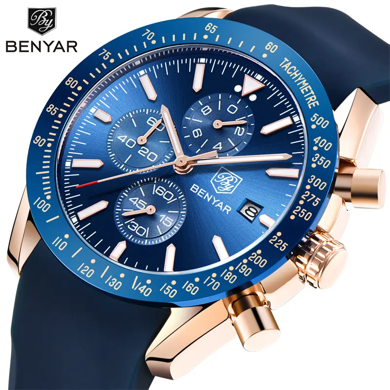 Benyar Flash Hot Sale Leather Quartz Watch Blue Big Dial Rose Gold Men's Six Needle Calendar Sport Watches Relogio Masculino