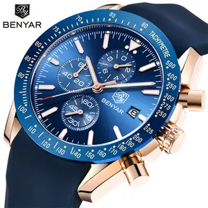 Benyar-reloj de cuarzo de cuero para hombre, cronógrafo deportivo con calendario de seis agujas, esfera grande azul, oro rosa, gran oferta