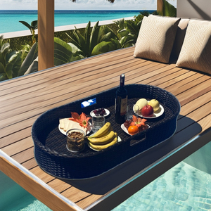 Plateau de service flottant ovale moderne en rotin noir rayé, idéal pour les fêtes au bord de la piscine et les loisirs – Meilleure vente à prix de gros - Product Image 5