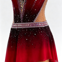Robe de patinage artistique à col halter et dégradé rouge-noir, ornée de strass faits à la main, pour adultes et enfants