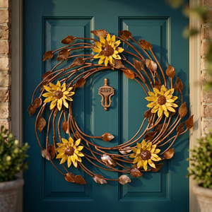 Corona de Girasoles de Metal Rústico, Flores Decorativas Hechas a Mano, Corona Redonda sin Luces para Colgar en la Puerta o Pared - Product Image 4